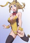  adapted_costume animal_ears blue_eyes bow bowtie brown_hair bunny_ears bunnysuit detached_collar gundam gundam_build_fighters gundam_build_fighters_try hoshino_fumina long_hair ponytail solo thighhighs tyotyotyori wrist_cuffs 