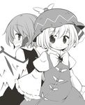  bird_wings blush bow bowtie brooch cosplay costume_switch dress greyscale hair_ribbon hat jagabutter jewelry looking_at_viewer looking_back mob_cap monochrome multiple_girls mystia_lorelei puffy_sleeves ribbon rumia short_hair sleeves_past_wrists touhou wide_sleeves winged_hat wings 