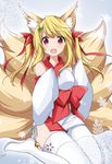  animal_ears bad_id bad_pixiv_id bell blonde_hair fox_ears fox_girl fox_tail kitsune kyuubi multiple_tails nontraditional_miko open_mouth original panties red_eyes ribbon side-tie_panties solo syno tail thighhighs twintails underwear 