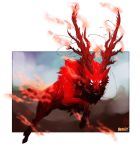  2018 antlers black_nose canine cervine digital_media_(artwork) feral fur hooves horn hybrid looking_at_viewer mammal ravoilie red_fur smile solo 