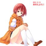  dated highres holding kneehighs loafers looking_at_viewer miniskirt mittens miyanaga_teru pleated_skirt red_eyes red_hair saki shoes short_hair sitting skirt snowball solo wawawa_(hisuterisisusa) white_background white_legwear winter_clothes 