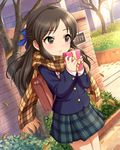  artist_request bare_tree blush bow brick_wall brown_eyes brown_hair dutch_angle gift hair_bow idolmaster idolmaster_cinderella_girls jpeg_artifacts leaf long_hair official_art outdoors pavement running_bond scarf skirt solo source_request stack_bond tachibana_arisu tree 