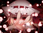 check_commentary commentary commentary_request danmaku flandre_scarlet flat_chest hat hat_ribbon looking_at_viewer mob_cap outstretched_arm outstretched_hand red_eyes ribbon slit_pupils solo touhou toutenkou tsurime 