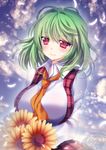  2015 bad_id bad_pixiv_id blush breasts cloud cloudy_sky collared_shirt dated flower green_hair huge_breasts kazami_yuuka large_breasts looking_at_viewer mikazuki_sara neckerchief petals plaid plaid_skirt plaid_vest red_eyes shirt short_hair signature skirt sky smile solo sunflower touhou vest 