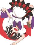  :d black_hair bow bowtie directional_arrow dress fang flip-flops horns jagabutter kijin_seija looking_at_viewer multicolored_hair open_mouth red_eyes red_hair sandals short_hair smile solo streaked_hair touhou upside-down v-shaped_eyebrows white_hair 