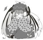  bird_wings closed_eyes coat dress earmuffs floral_print greyscale hat indian_style jagabutter leaf mary_janes mob_cap monochrome mystia_lorelei overcoat scarf shoes short_hair sitting sleeping sleeping_upright solo touhou wings 