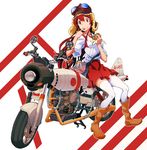  :q akagi_(kantai_collection) boots brown_eyes brown_footwear brown_hair food goggles goggles_on_head ground_vehicle hamburger holding kantai_collection knee_boots long_hair looking_at_viewer motor_vehicle motorcycle pleated_skirt revision rinta_(reyte) sitting sitting_on_object skirt smile solo thighhighs tongue tongue_out white_legwear zettai_ryouiki 