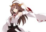  akiha_(attract) arm_up armpits bad_id bad_pixiv_id blush brown_hair detached_sleeves double_bun hairband headgear japanese_clothes kantai_collection kongou_(kantai_collection) long_hair looking_at_viewer nontraditional_miko open_mouth purple_eyes ribbon-trimmed_sleeves ribbon_trim simple_background skirt smile solo white_background 