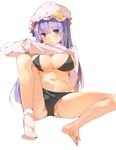  ass bad_feet barefoot bikini blush bow breasts cleavage crescent dress_shirt hasebe_yuusaku hat hat_bow large_breasts long_hair long_sleeves looking_at_viewer midriff mob_cap navel open_mouth panties patchouli_knowledge purple_eyes purple_hair shirt shirt_lift simple_background sitting sock_pull socks solo spread_legs sweat sweatdrop swimsuit touhou underwear white_background white_legwear 