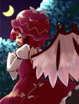  back_cutout bare_back bird_wings closed_eyes crescent_moon dress forest hand_on_own_chest hat jagabutter juliet_sleeves long_sleeves mob_cap moon music mystia_lorelei nature night open_mouth pink_hair puffy_sleeves short_hair singing solo touhou tree winged_hat wings 