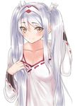  alternate_costume alternate_hairstyle breasts cleavage japanese_clothes kantai_collection long_hair looking_at_viewer medium_breasts miko ribbon-trimmed_clothes ribbon-trimmed_sleeves ribbon_trim sensen shoukaku_(kantai_collection) silver_hair sketch smile solo twintails yellow_eyes 