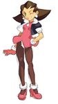  1_girl 1girl brown_hair brown_legwear capcom earrings full_body gloves green_eyes grin hand_on_hip jewelry looking_at_viewer pantyhose rockman rockman_dash rough shoes simple_background smile solo standing tron_bonne white_background wink 