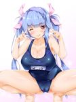  ;q blue_hair blush breasts cameltoe cleavage collarbone hair_ribbon i-19_(kantai_collection) kantai_collection large_breasts licking_lips one-piece_swimsuit one_eye_closed pose red_eyes ribbon school_swimsuit smile solo spread_legs squatting swimsuit tongue tongue_out twintails yukinon_(tsuki_koubou) 