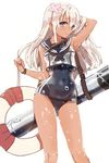  bad_id bad_twitter_id blonde_hair blue_eyes flower hair_flower hair_ornament innertube kantai_collection long_hair mx2j_(nsh6394) ro-500_(kantai_collection) school_swimsuit school_uniform serafuku solo swimsuit swimsuit_under_clothes tan torpedo 