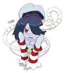  all_fours ass bare_shoulders blue_hair blue_skin blush breasts cleavage detached_sleeves downblouse large_breasts leviathan_(skullgirls) long_hair red_eyes side_ponytail skull skullgirls solo squigly_(skullgirls) stitched_mouth stitches striped_sleeves sweatdrop tsukudani_(coke-buta) zombie 