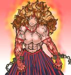  abs aura blonde_hair floating_hair highres horn hoshiguma_yuugi long_hair long_skirt muscle muscular_female nameo_(judgemasterkou) no_pupils oni pointy_ears shirt skin_tight skirt solo t-shirt touhou veins 