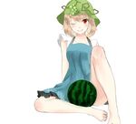  absurdres adapted_costume aki_minoriko alternate_costume blonde_hair dress food fruit grapes hat highres melon nagata_nagato one_eye_closed red_eyes short_hair simple_background smile solo tongue tongue_out touhou white_background 