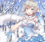  :d anastasia_(idolmaster) bare_tree blue_eyes breasts cleavage g.t gloves idolmaster idolmaster_cinderella_girls md5_mismatch medium_breasts open_mouth scarf short_hair silver_hair smile snow snowflake_print solo tree 
