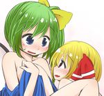  :d bare_shoulders blanket blonde_hair blue_eyes blush covering covering_breasts daiyousei eye_contact fairy_wings fang green_hair hair_ribbon jagabutter looking_at_another multiple_girls naked_sheet open_mouth red_eyes ribbon rumia side_ponytail smile sweatdrop tareme touhou wings yuri 