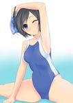  absurdres armpits arms_up black_hair blue_eyes competition_swimsuit geminiboar goggles highres one-piece_swimsuit one_eye_closed original short_hair solo stretch swim_cap swim_cap_removed swimsuit 