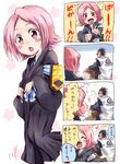  1girl ^_^ armband black_hair bleach blush_stickers chair closed_eyes comic eyepatch haori japanese_clothes kusajishi_yachiru open_mouth scar short_hair sitting sleeveless_coat smile spiked_hair translated unya zaraki_kenpachi 