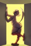  2019 anthro avian bird butt feathers female looking_at_viewer multicolored_feathers nude simple_background smile solo tail_feathers thick_thighs thousandfoldfeathers vanilla_(canary) white_feathers wide_hips yellow_feathers 