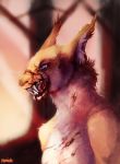  2018 anthro black_lips blood digital_media_(artwork) dragon female fur furred_dragon inner_ear_fluff open_mouth ravoilie smile solo tan_fur teeth tongue 