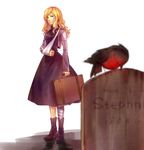  1girl bandage batman_(series) bird blonde_hair blue_eyes dc_comics dress highres long_sleeves purple_dress robin sling stephanie_brown suitcase tombstone 