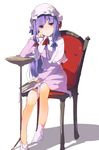  adapted_costume alternate_costume book bow capelet chair crescent dress hair_bow hair_ornament hasebe_yuusaku hat hat_bow long_hair long_sleeves looking_at_viewer mob_cap patchouli_knowledge purple_eyes purple_hair simple_background sitting socks solo touhou white_background white_legwear 