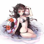  bikini black_bikini black_hair bonnet collarbone floating_fortress_(kantai_collection) frills innertube isolated_island_oni kantai_collection long_hair looking_at_viewer magenta_(atyana) navel pale_skin red_eyes shinkaisei-kan sitting smile solo swimsuit thighs very_long_hair 