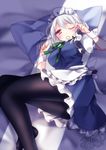  2015 apron bad_id bad_pixiv_id bed black_legwear blush braid breasts dated dress frilled_dress frills hair_ribbon izayoi_sakuya looking_at_viewer lying maid maid_apron maid_headdress medium_breasts mikazuki_sara on_bed on_side one_eye_closed open_mouth pantyhose pillow red_eyes ribbon short_hair signature solo tears touhou tress_ribbon twin_braids waking_up white_hair wrist_cuffs 