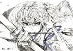  arrow blue_eyes bow_(weapon) cherry_blossoms kaga_(kantai_collection) kantai_collection looking_at_viewer mouth_hold muneate petals san_tsu-bi simple_background sketch solo tasuki twitter_username upper_body weapon white_background 