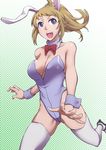  adapted_costume animal_ears blue_eyes bow bowtie brown_hair bunny_ears bunnysuit detached_collar gundam gundam_build_fighters gundam_build_fighters_try hoshino_fumina long_hair paw_print ponytail solo thighhighs tyotyotyori wrist_cuffs 