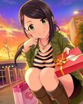  artist_request bag black_hair boots box building gift gift_box green_eyes green_jacket idolmaster idolmaster_cinderella_girls jacket jewelry necklace official_art paper_bag ponytail ship shirt shorts solo striped striped_shirt tree watercraft yamato_aki 