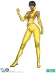  1girl belt belt_buckle bodysuit breasts cleavage copyright_name dark_skin dc_comics elbow_gloves emblem full_body gloves long_gloves mari_jiwe_mccabe necklace parted_lips short_hair simple_background sleeveless solo standing vixen_(dc) warner_brothers white_background yamashita_shun&#039;ya yamashita_shun'ya yellow_eyes yellow_pants 