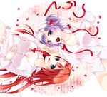  aqua_eyes bangs blouse blue_eyes breasts chitose_(usacan) chocolate chocolate_heart collarbone heart holding_hands hong_meiling izayoi_sakuya large_breasts looking_at_viewer lying maid_headdress multiple_girls no_panties on_back parted_bangs red_hair silver_hair touhou upside-down valentine wavy_mouth white_blouse 