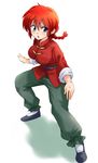  blue_eyes braid breasts chinese_clothes full_body genderswap genderswap_(mtf) loafers long_hair medium_breasts open_mouth pants ranma-chan ranma_1/2 red_hair saotome_ranma shirt shoes single_braid solo tangzhuang unya 