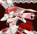 aiming aqua_eyes assault_rifle breasts cleavage elphelt_valentine flower gloves guilty_gear guilty_gear_xrd gun hat large_breasts one_eye_closed red_hair rifle rose sera_(sera0603) short_hair solo weapon 