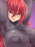  1girl :q arms_up bad_id bad_pixiv_id bodysuit breasts commentary_request covered_nipples grey_bodysuit huge_breasts huge_nipples kandata_nijou long_hair original purple_background purple_eyes raised_eyebrows red_hair skin_tight solo tongue tongue_out 