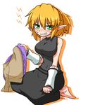  arm_warmers blonde_hair breasts clenched_teeth dress green_eyes highres jacket jacket_removed katsumi5o large_breasts md5_mismatch mizuhashi_parsee pointy_ears short_hair sleeveless solo teeth touhou 