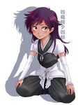  androgynous arm_warmers bleach blush character_name hakama japanese_clothes long_hair looking_at_viewer male_focus purple_hair shadow shihouin_yuushirou sitting smile solo unya white_background yellow_eyes 