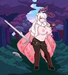  antennae anthro arthropod big_breasts breasts cheshirecatsmile37 chest_tuft clothed clothing fall_of_eden female fur gloves hair half-dressed insect inverted_nipples moth nipples one_eye_closed pointy_ears red_eyes solo sword topless tuft weapon white_hair wings 