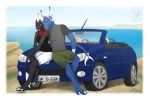  2019 3_toes 4_toes anthro barefoot blue_eyes breasts car clothed clothing day detailed_background digitigrade dragon duo female horn male minerea orange_eyes outside pinkdragonlove smile spines toes vehicle 