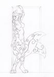  breasts dalthia doorway ear_piercing female fey looking_at_viewer monochrome multiple_tails nude piercing pose standing sultry swirls tiera_foxglove wolfsune 
