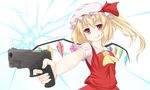  :q ascot bad_id bad_pixiv_id blonde_hair blush broken_glass bullet_hole collared_shirt finger_on_trigger flandre_scarlet glass gun handgun hat mob_cap pistol red_eyes shirt side_ponytail sig_sauer sig_sauer_p226 skirt skirt_set solo surota tongue tongue_out touhou tsurime upper_body vest weapon 