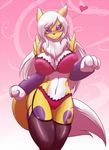  &lt;3 abstract_background bandai blush breasts chest_fur clothing digimon female fluffy_tail fur hair legwear lingerie looking_at_viewer navel purple_eyes renamon solo thick_thighs toughset white_fur white_hair yellow_fur 