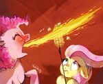  blue_eyes blush corn cuteskitty equine eyelashes eyes_closed female fire fluttershy_(mlp) friendship_is_magic fur hair horse mammal my_little_pony open_mouth pain pink_fur pink_hair pinkie_pie_(mlp) pony popcorn scared teeth yellow_fur 