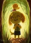  2013 animal_crossing anthro blonde_hair blush canine cute cuteskitty dog eyelashes eyes_closed female fur hair happy isabelle_(animal_crossing) mammal nintendo open_mouth outside smile solo tongue tree video_games yellow_fur 