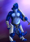  abstract_background armor belly blue_body bunnylace claws clothed clothing cyan_eyes half-dressed kobold loincloth male navel reptile scalie solo sword toe_claws topless weapon 