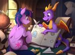  2019 arthropod book claws crossover cutie_mark digital_media_(artwork) dragon dragonfly equine feathered_wings feathers female feral friendship_is_magic hair hi_res hooves horn insect inside male mammal membranous_wings multicolored_hair multicolored_tail my_little_pony open_mouth purple_eyes purple_feathers scalie sparx spyro spyro_the_dragon twilight_sparkle_(mlp) underhoof video_games winged_unicorn wings yakovlev-vad 
